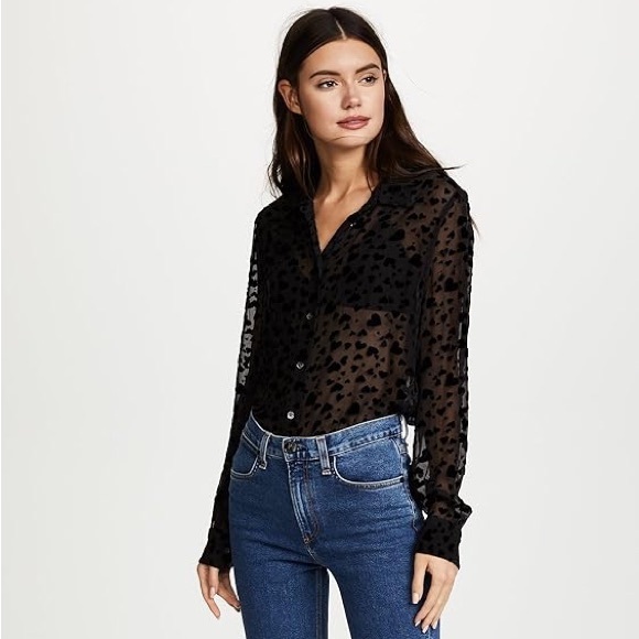 Equipment Femme Black Silk Blend Velvet Heart Sheer Button Up Shirt - Small - Picture 2 of 8